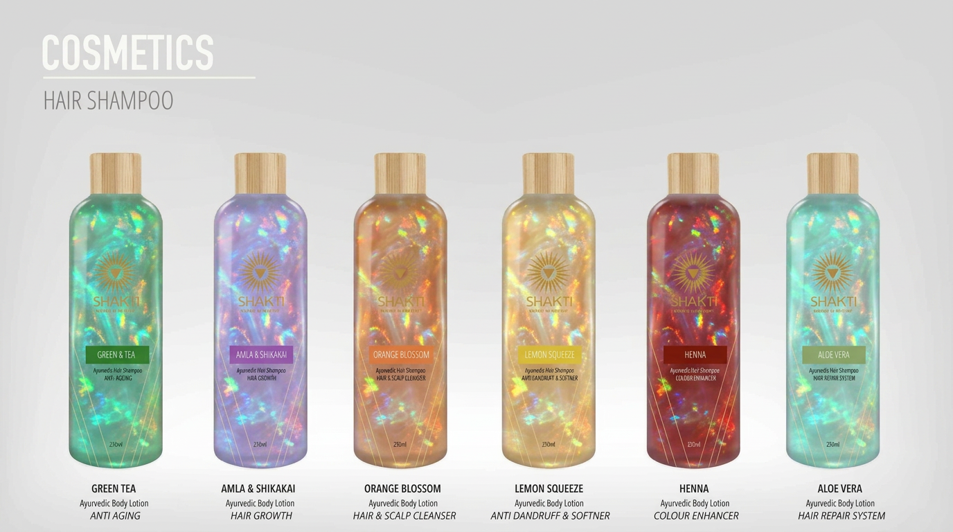 Shakti Ayurvedic hair shampoo collection — Green Tea, Amla & Shikakai, Orange Blossom, Lemon Squeeze, Henna and Aloe Vera