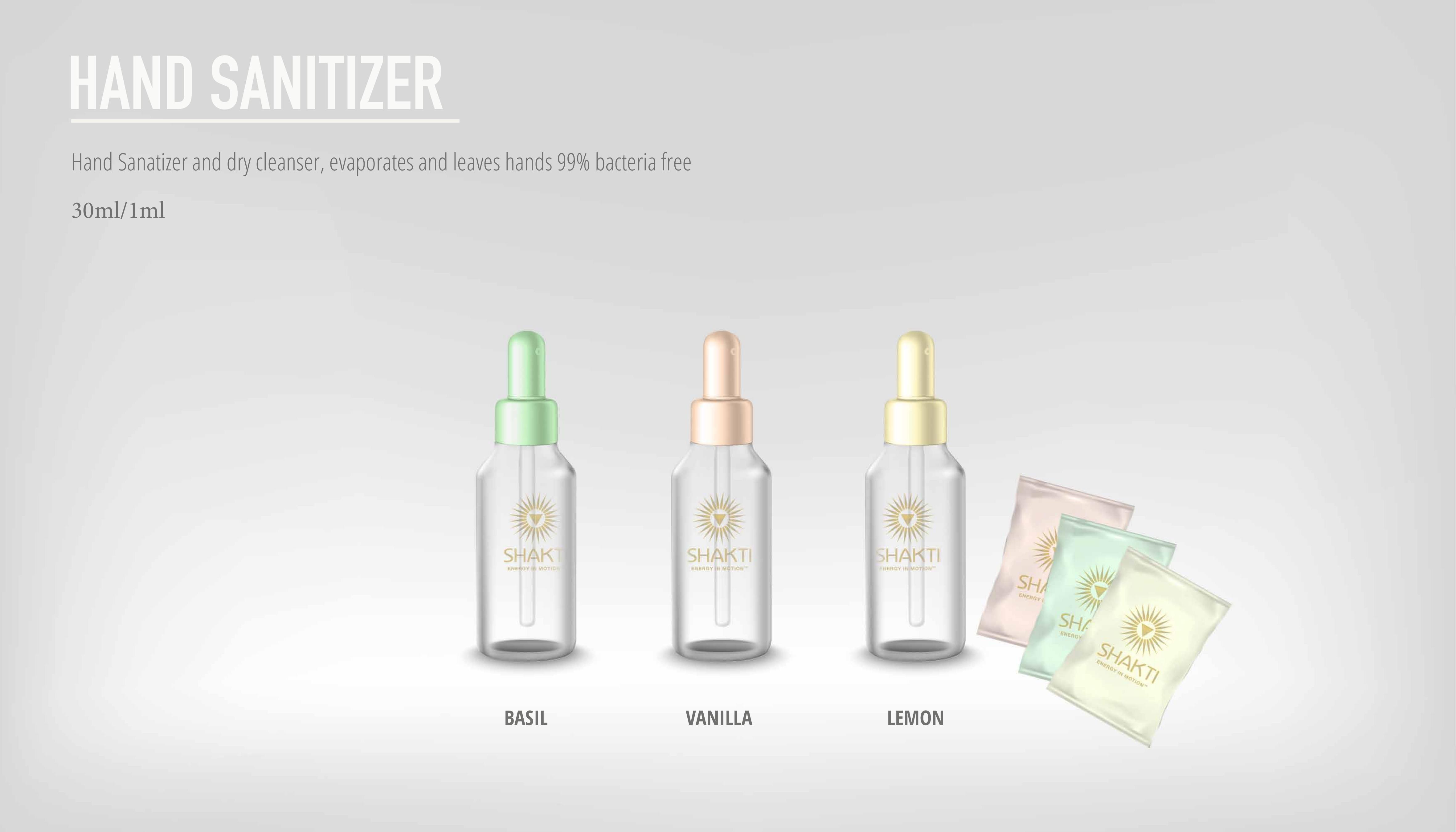 Shakti Basil, Vanilla and Lemon hand sanitizer dropper bottles with single-use sachets