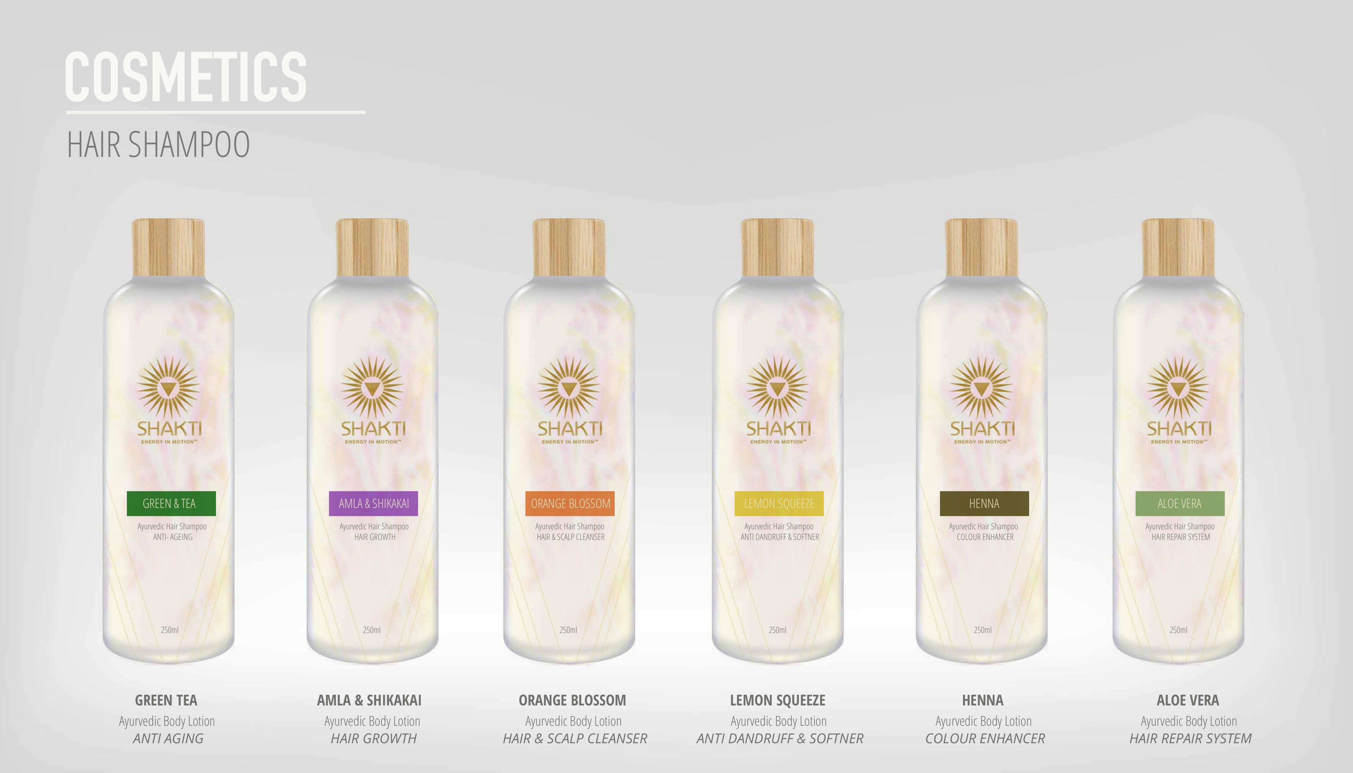 Shakti Ayurvedic hair shampoo collection — Green Tea, Amla & Shikakai, Orange Blossom, Lemon Squeeze, Henna and Aloe Vera