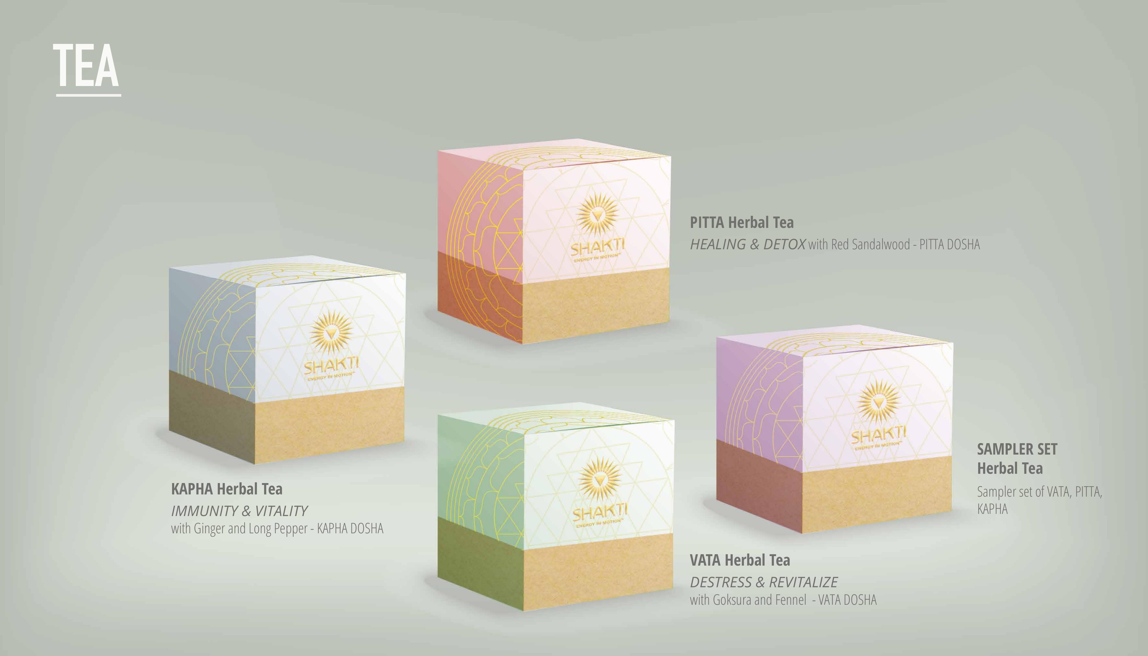 Shakti Vata, Pitta, Kapha and Sampler Set herbal tea collection