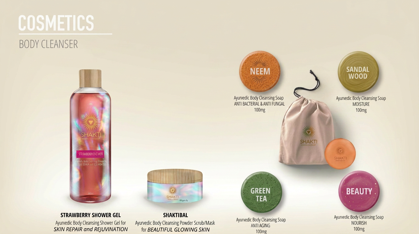 Shakti body cleansers — Strawberry Shower Gel, Shaktibal scrub, Neem, Sandalwood, Green Tea and Beauty cleansing soaps