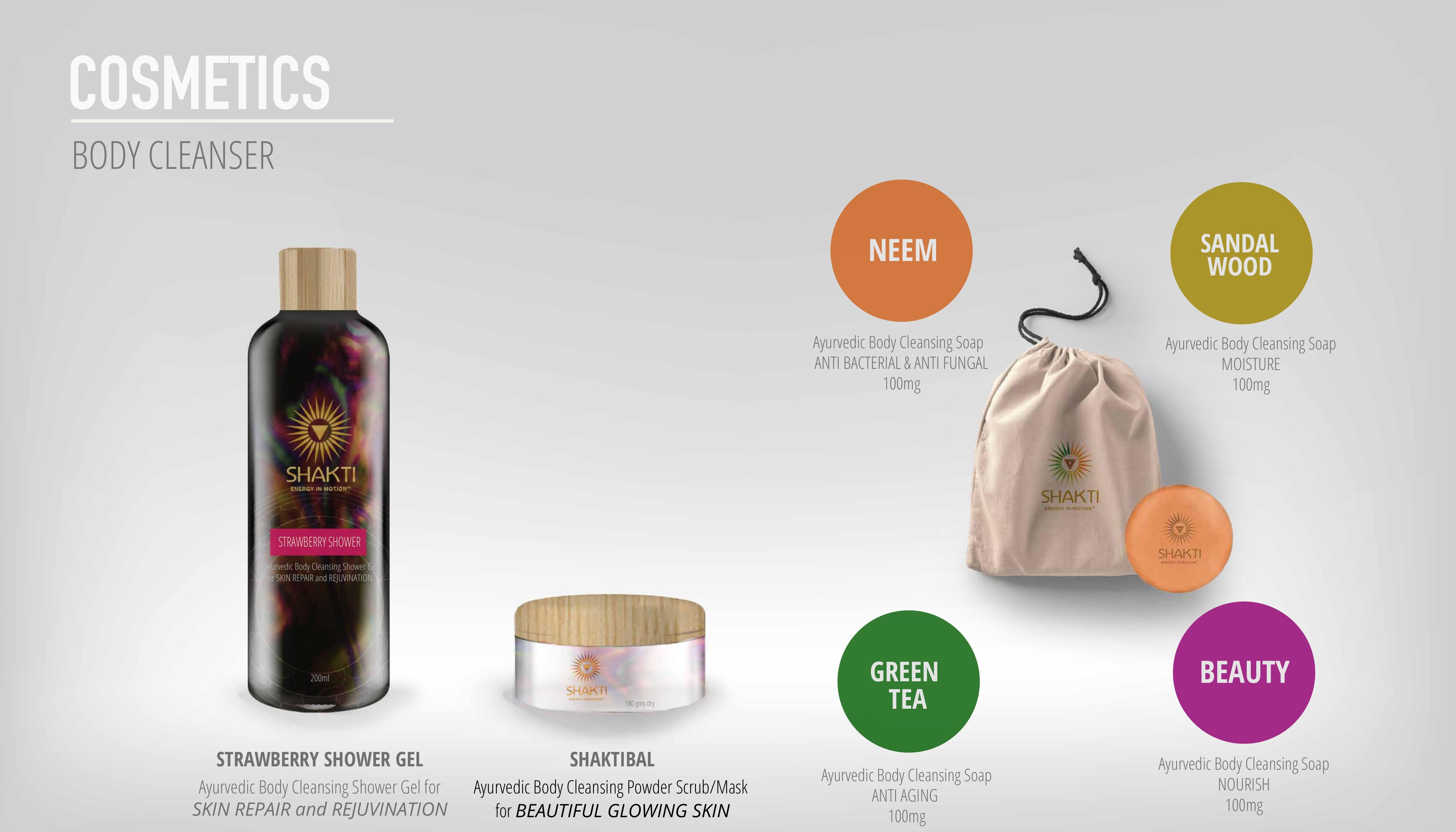 Shakti body cleansers — Strawberry Shower Gel, Shaktibal scrub, Neem, Sandalwood, Green Tea and Beauty cleansing soaps