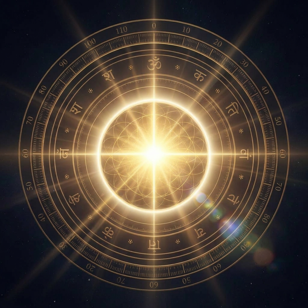 Biolight Index sacred measurement dial with Sanskrit engraving and radiant sunlight core