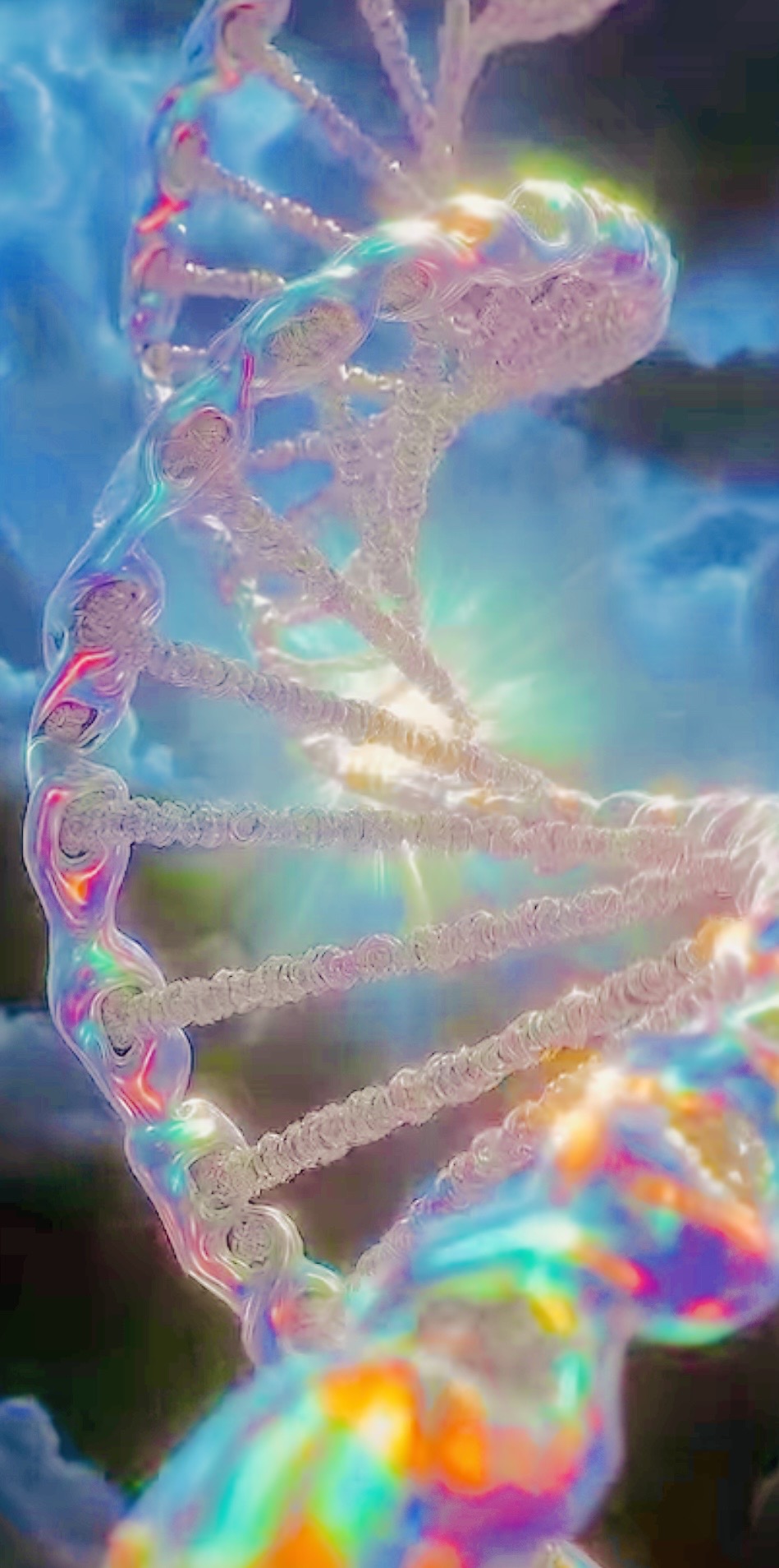 Iridescent crystalline DNA double helix representing cellular nano-energy activation