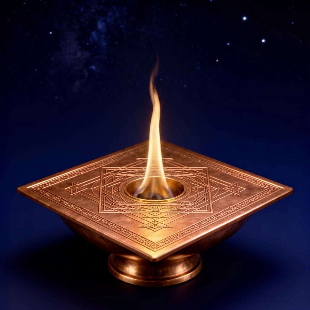 Square copper havan kund with a golden consecrated flame and iridescent smoke rising — representing Agni, the Vedic sacred fire of consecration