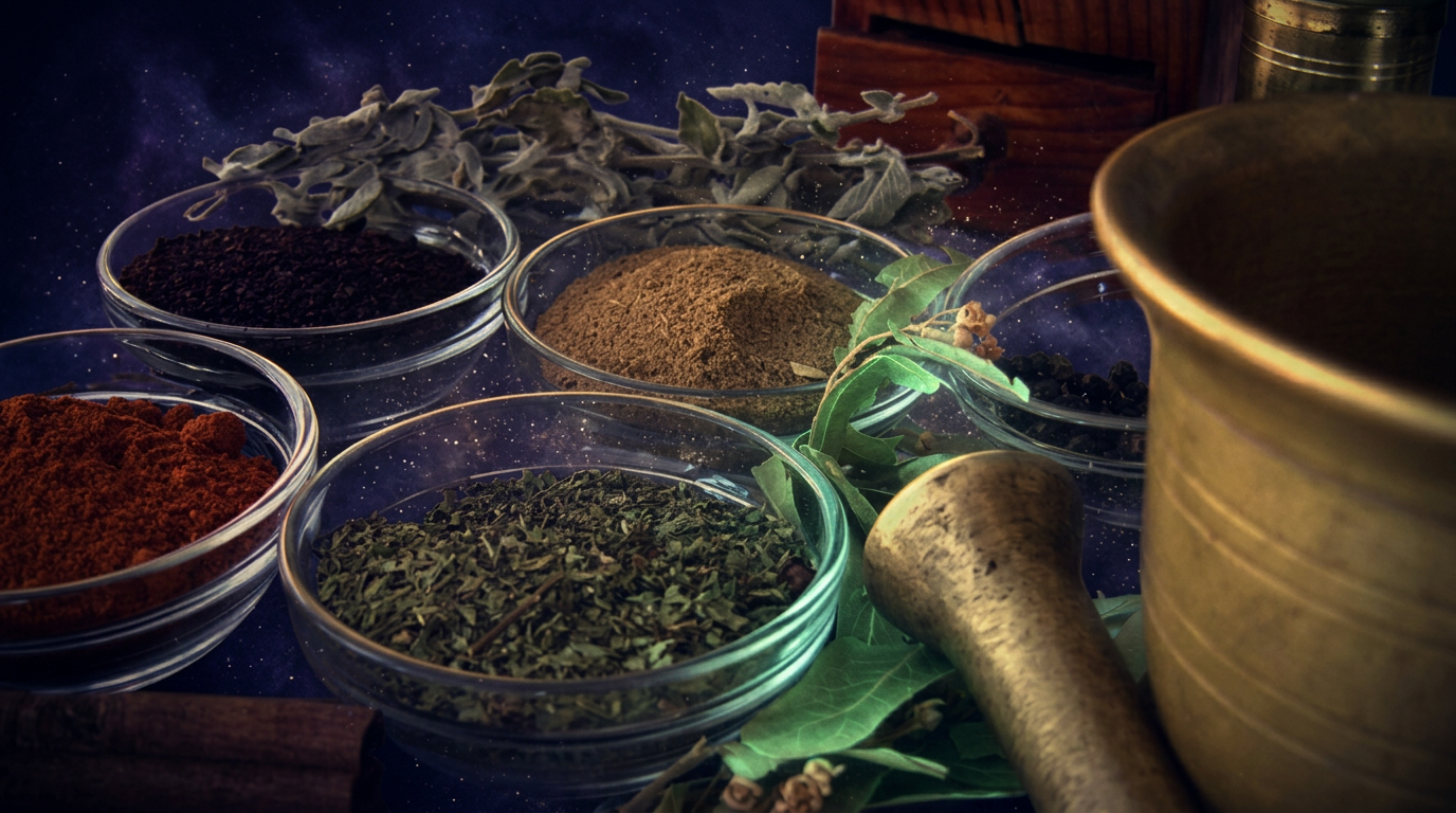 Ayurvedic herbs and spices in glass bowls beside a brass mortar and pestle