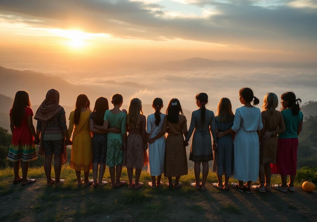 Community gathered together at sunrise in a green field