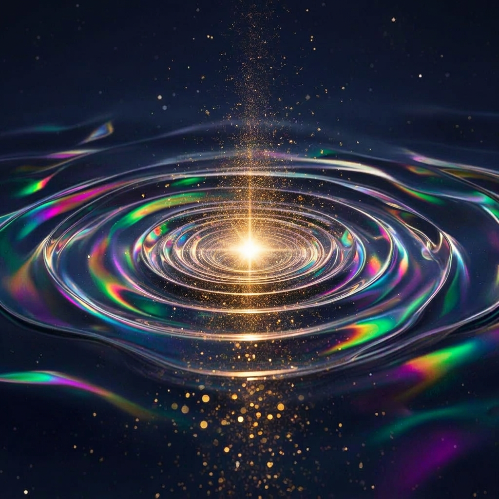 Cymatic cosmos — iridescent standing wave with a photon point radiating harmonic rings, representing QEAT delivery of photonic light, quantum energy, sound vibration and nutrition