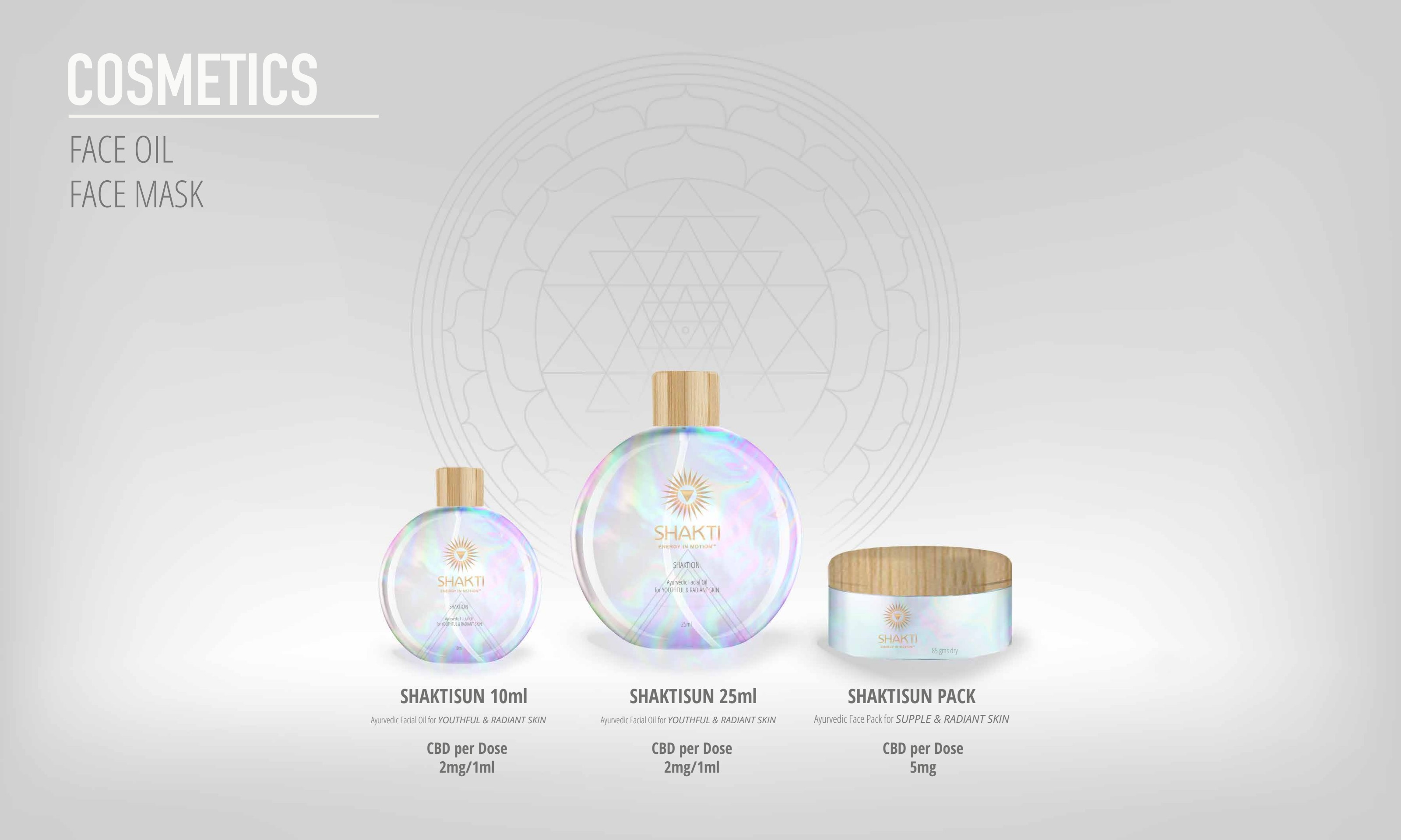 Shakti Shaktisun facial oils 10ml and 25ml, with Shaktisun Pack face mask