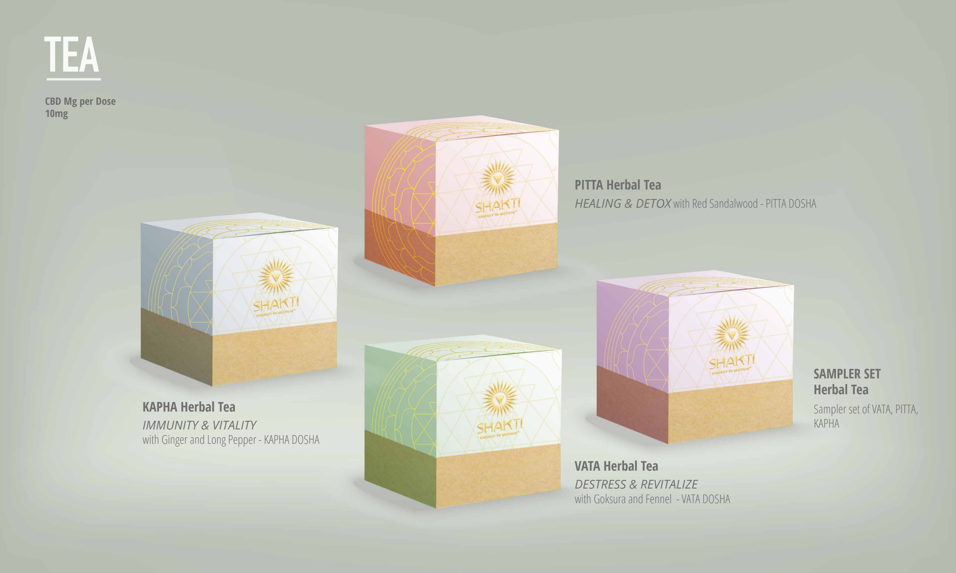 Shakti Vata, Pitta, Kapha and Sampler Set herbal tea collection